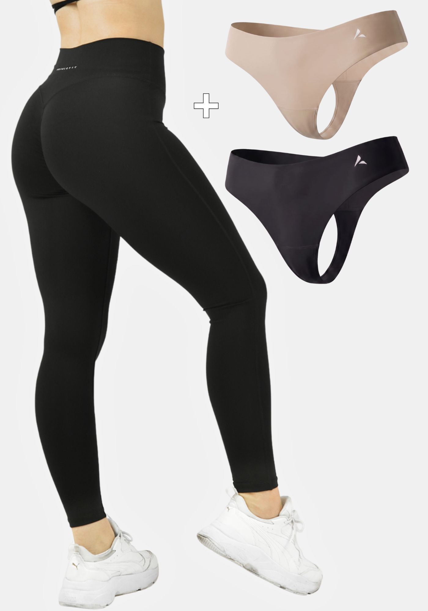 1x Calla 2.0 Butt Lift Legíny (Černá) + 2x Anti Cameltoe tanga se středně vysokým pasem (Černá, Béžová)