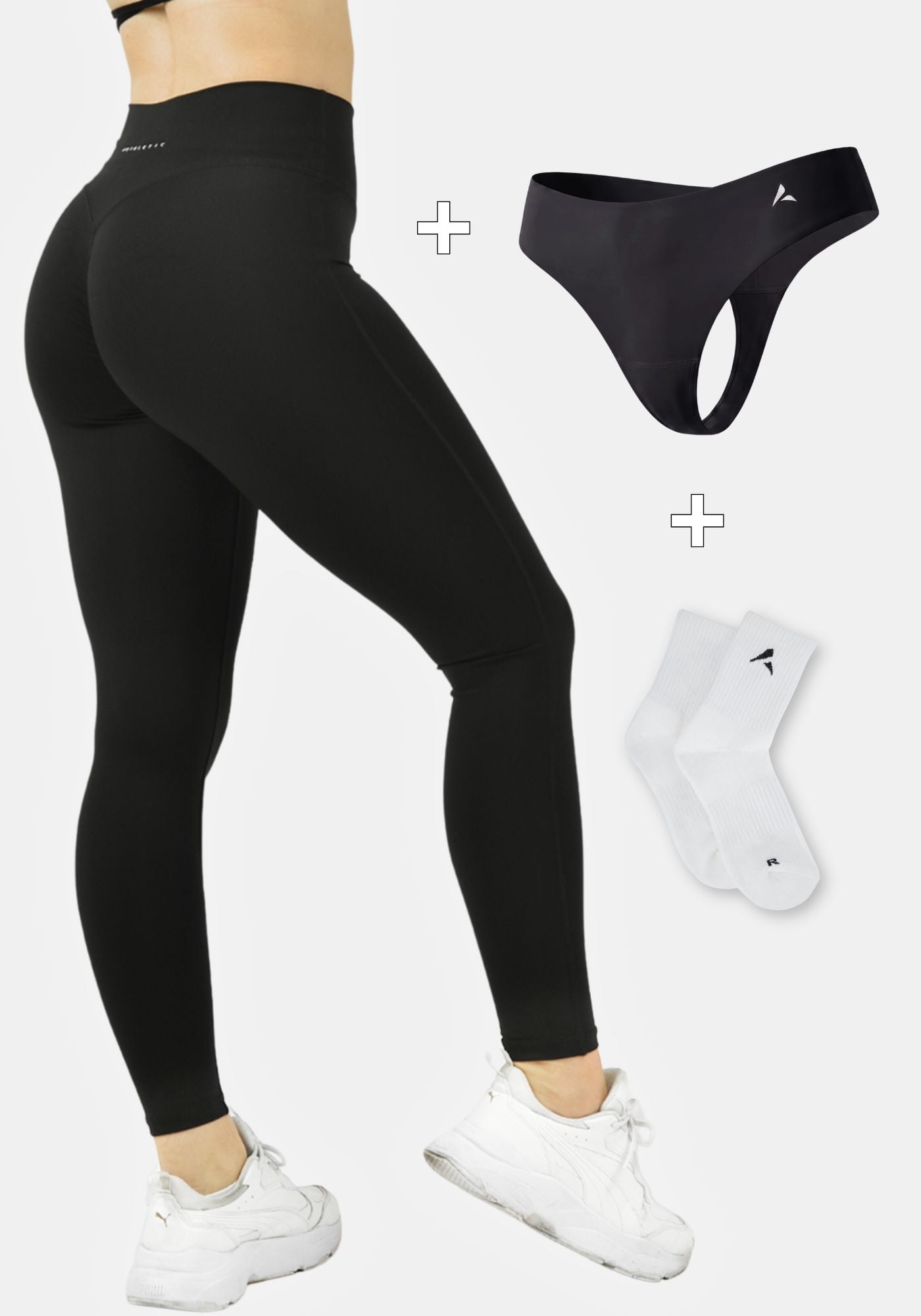 1x Calla 2.0 Butt Lift Legginsy (Czarny) + 1x Anti Cameltoe stringi ze średnim stanem (Czarny) + 1x Skarpetki