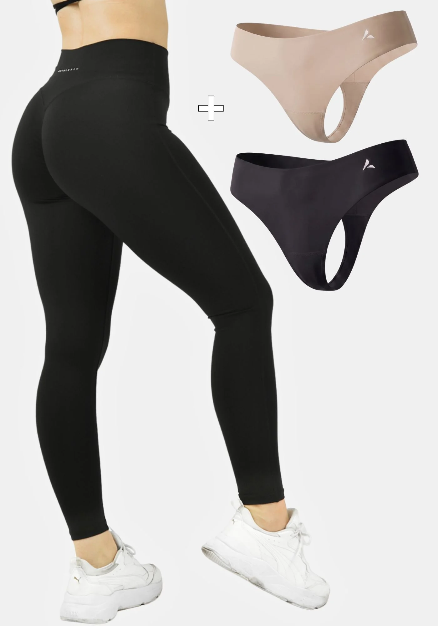 1x Calla 2.0 Butt-Lift Leggings (Black) + 2x Mid-Waist Anti Cameltoe Thongs (Black, Beige)
