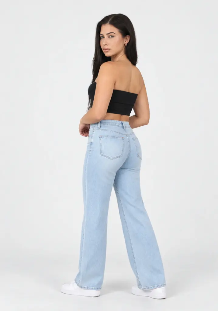 Authletic model wearing Light Blue wide-leg Second Skin Jeans in a three-quarter back view